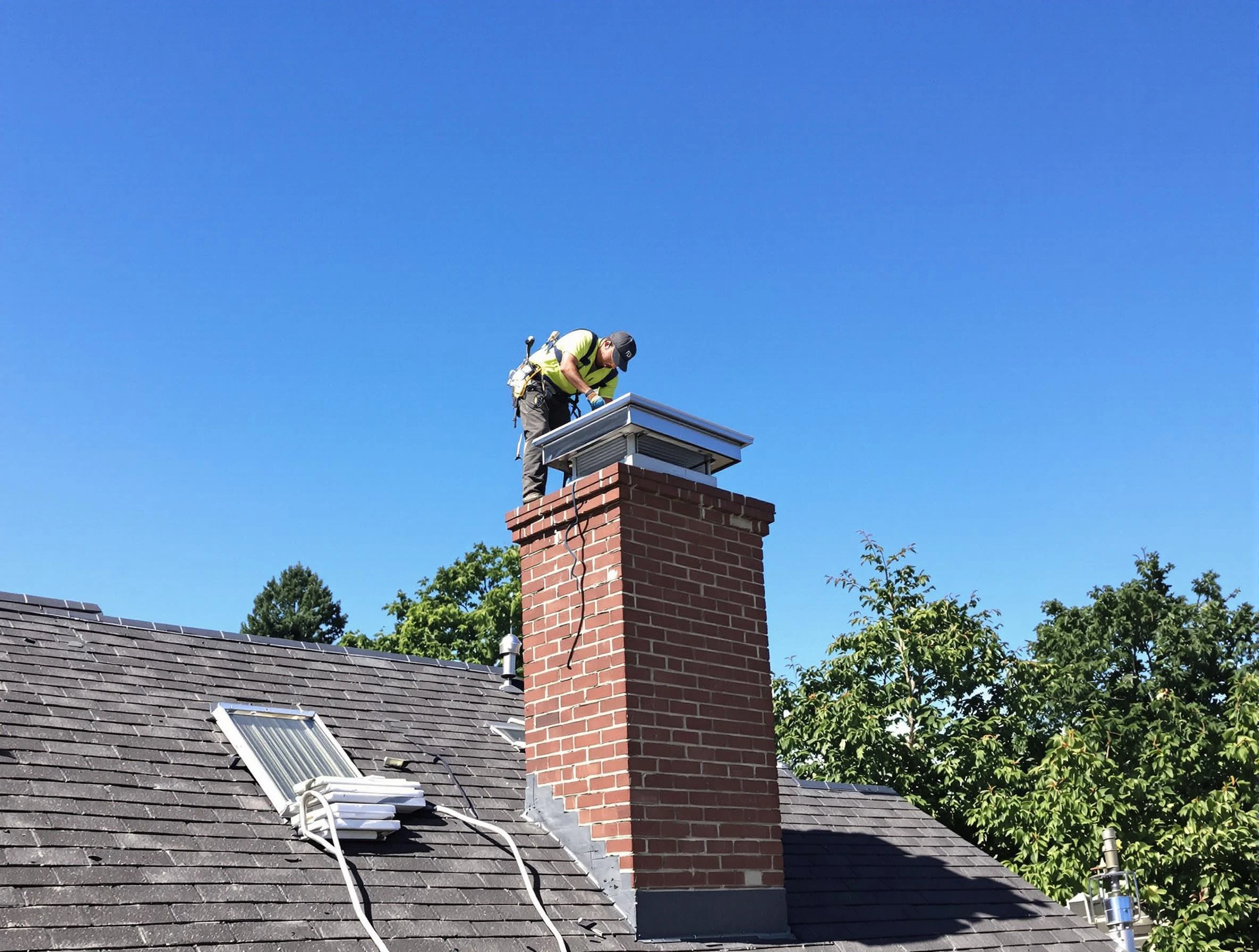 Perry Chimney Sweep technician measuring a chimney cap in Perry, UT