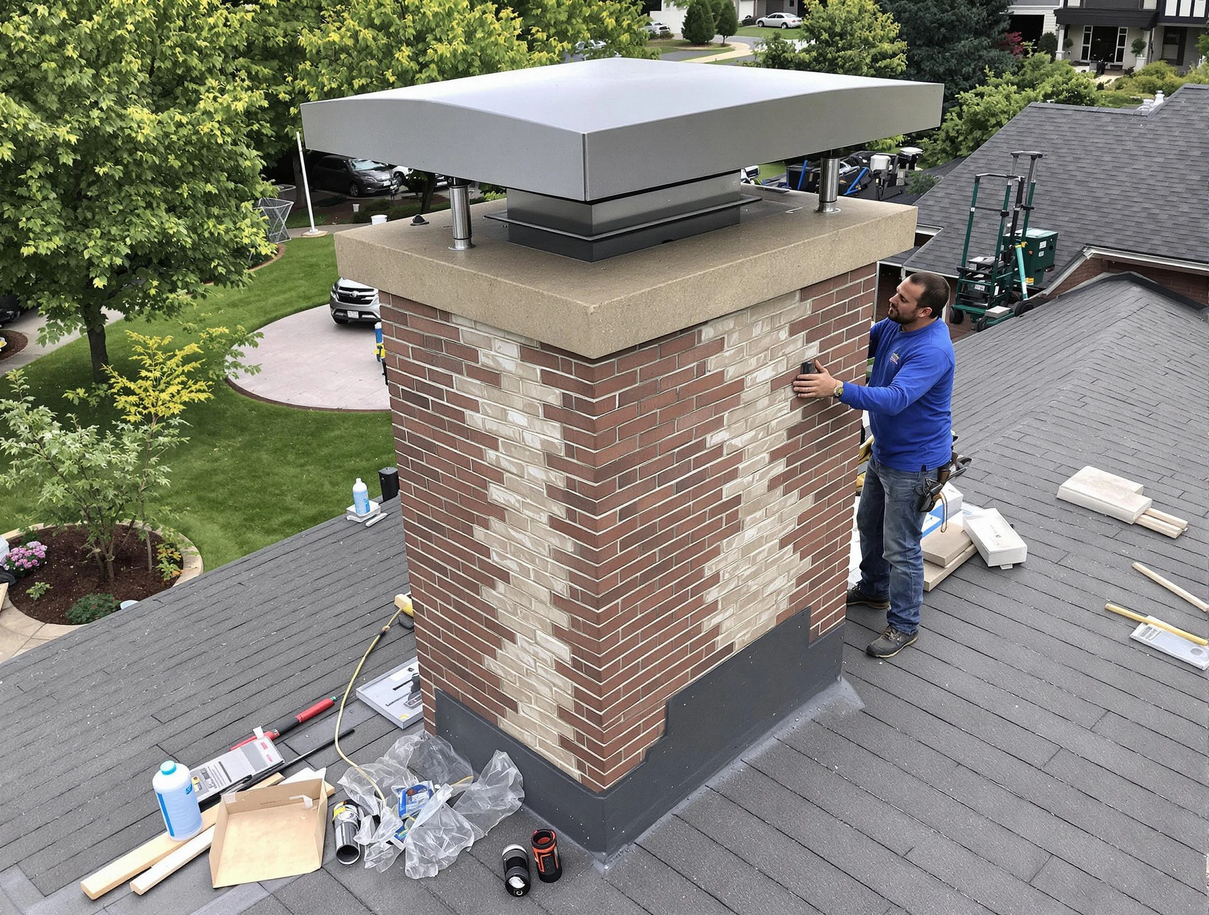 Perry Chimney Sweep team working on a custom chimney remodel in Perry, UT